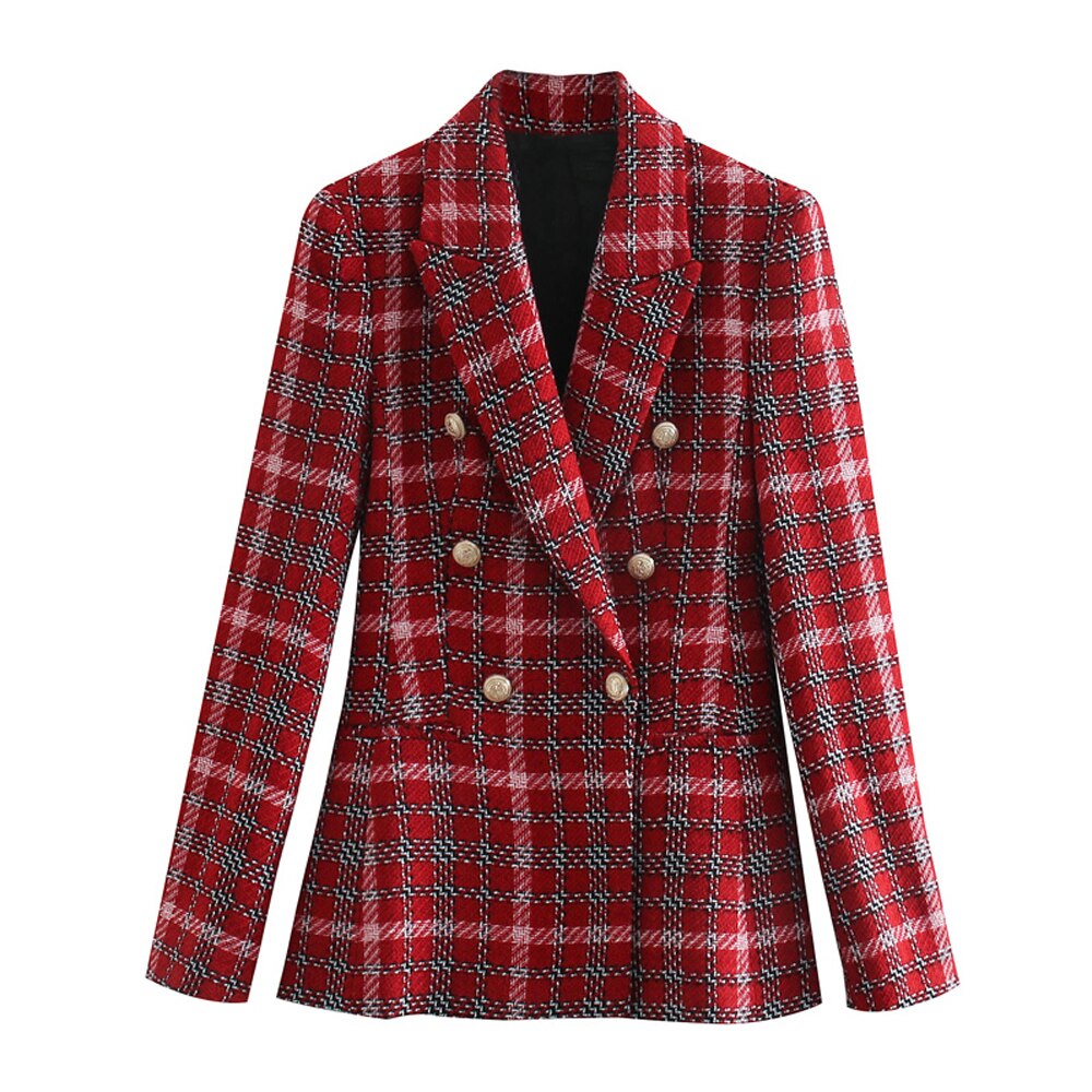 Vintage Double Breasted Plaid Women Blazer Pockets Jackets Female Retro Suits Coat Feminino blazers Outerwear high quality main image 1