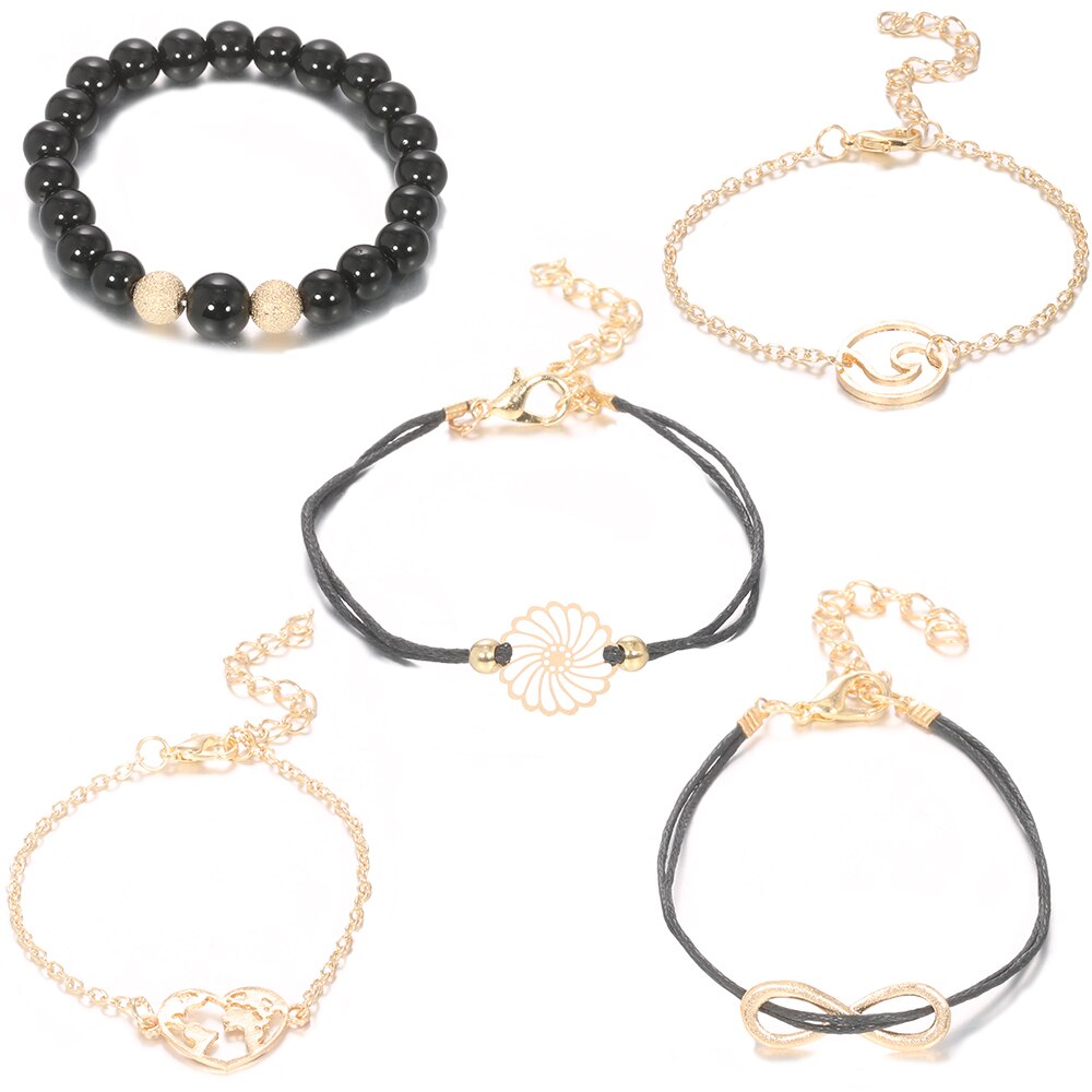 5 Pz/impostato Boho Cuore Mappa Cavità Del Fiore Del Branello A più Strati Del Braccialetto per Le Donne Catena Braccialetto Squisito Bracciale A Catena in Oro impostato