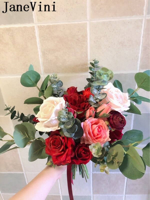 JaneVini Jahrgang rot Rose Hochzeit Strauß Künstliche Braut Mit Blumen Rosa Handgemachte Braut Strauß Griff Zubehör