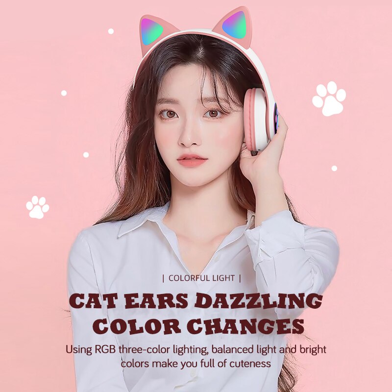 Wireless Headphones for Kids & Adults - RGB Cat Ear Bluetooth 5.0 with Mic, Noise Cancelling, TF Card Support