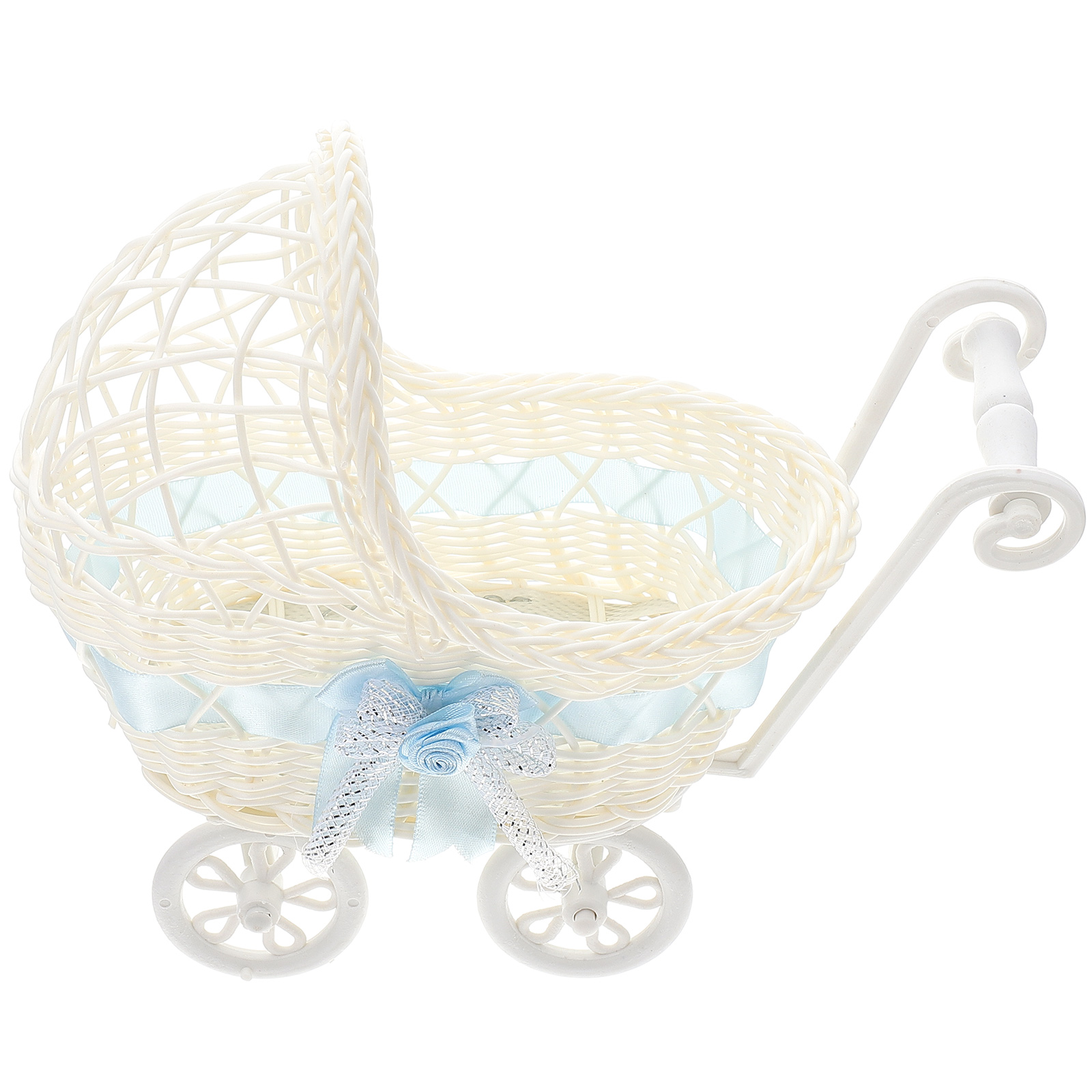 1Pc Plastic Bloem Mand Met Kar Gesimuleerde Geweven Gebreide Wandelwagen Winkelwagen Cane Driewielers Wedding Party Photo Prop (Willekeurige kleur)