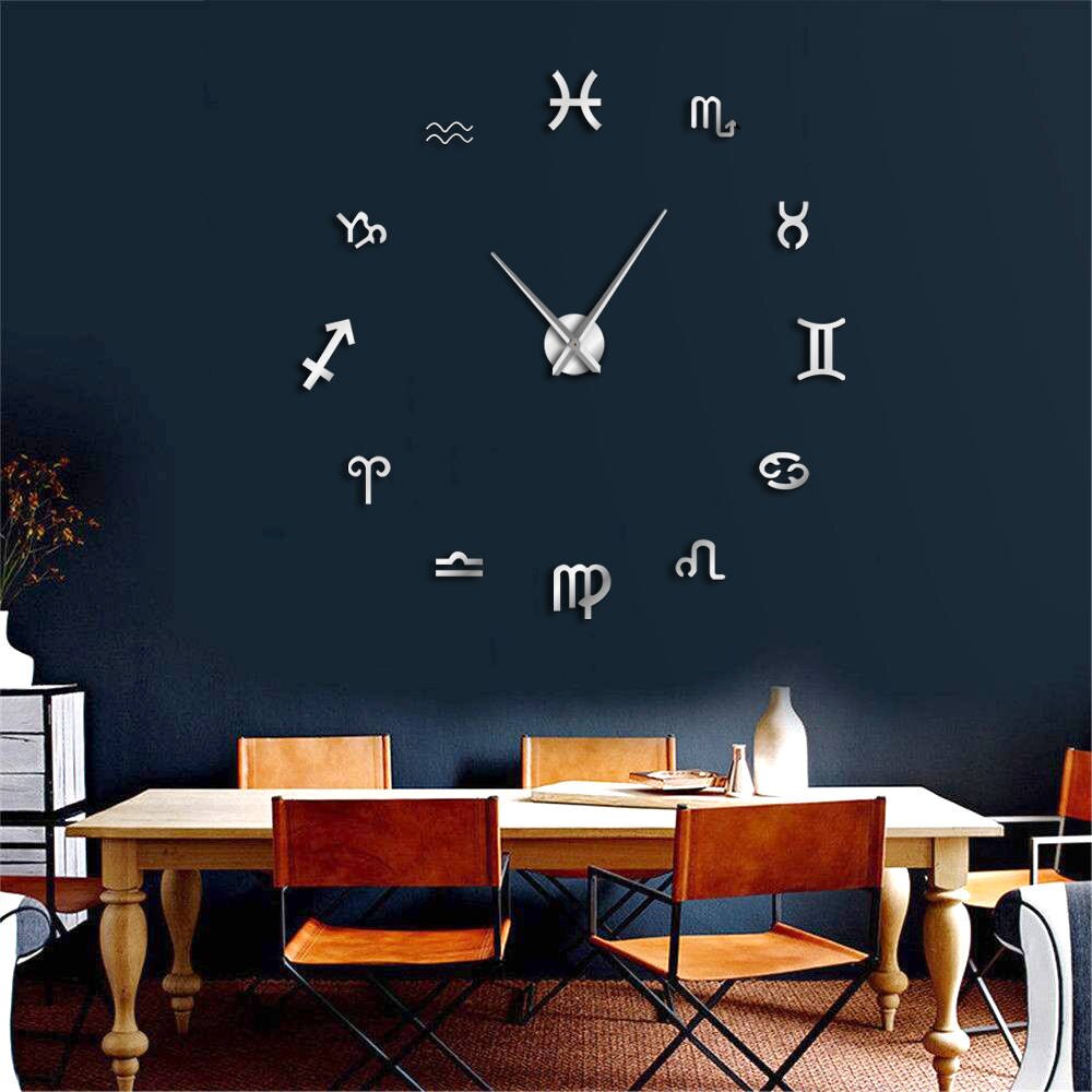 12 astrologi symboler kunst vægindretning ur diy 3d spejl vægur moderne stort antal ur til stue: Sølv / 37 tommer