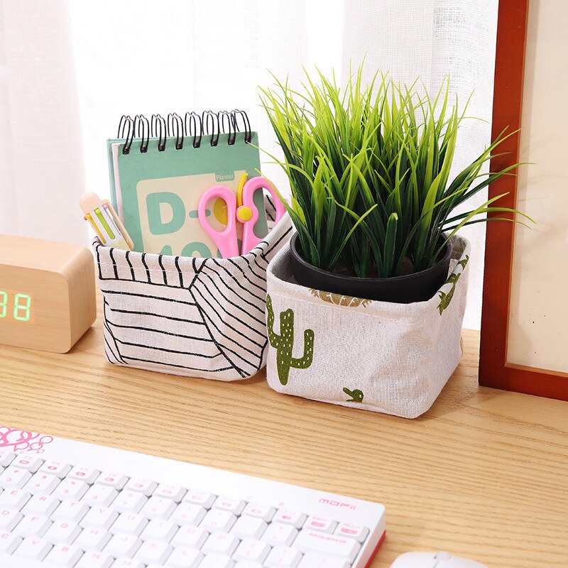 Cute Office Storage Box Multifunction Linen Desktop Basket Stationery Holder Desk Sundries Container Girls Makeup Organizer Case