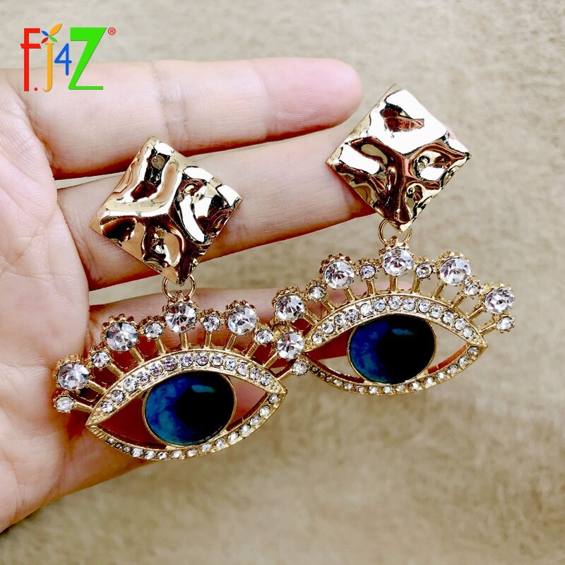 F.J4Z Women's Eye Earrings Classic Blue Eyeball Sparkling Crystal Eyelash Earring Lady Party Earring