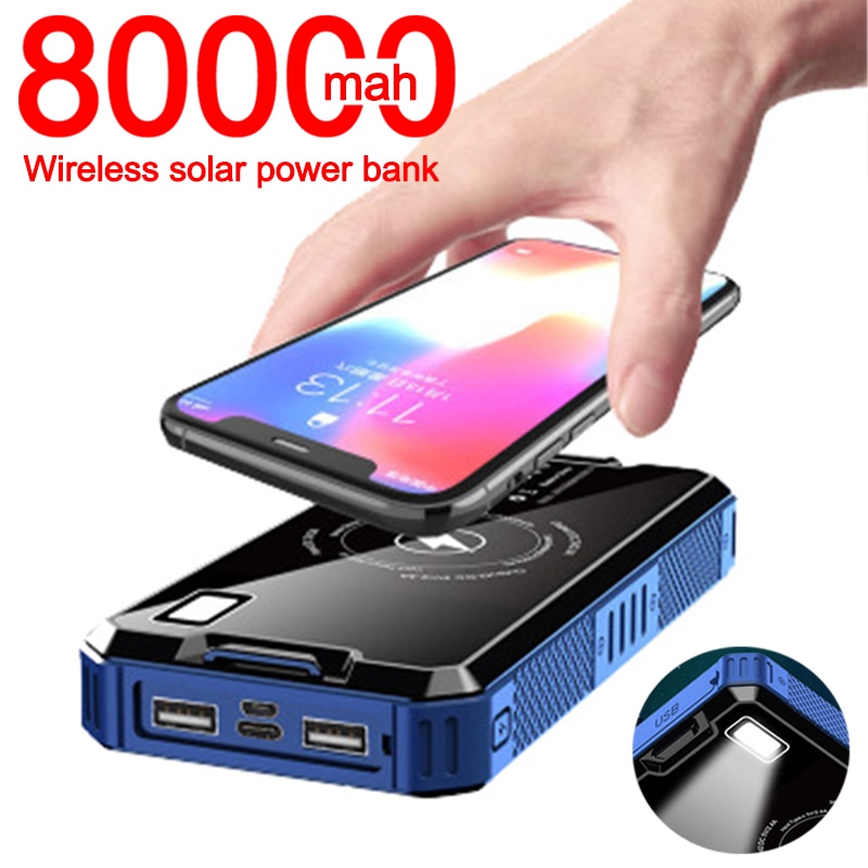 Solar Wireless Power Bank 80000mAh Portable Phone External Charger Solar Battery Pack Wireless Charging Outdoor Travel Powerbank
