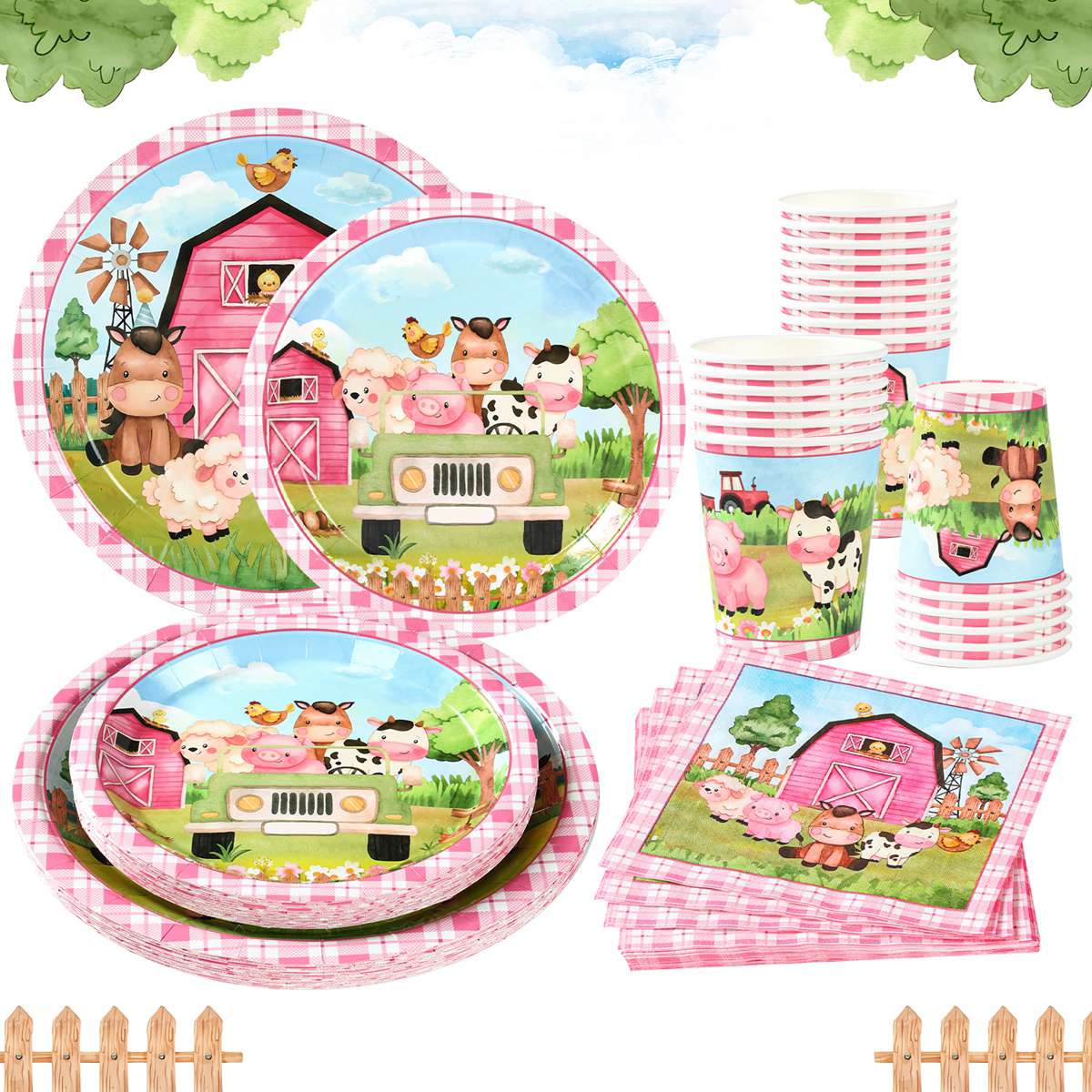Roze Boerderijdieren Wegwerp Servies Boerderij Thema Verjaardagsfeestje Decor Kinderen 1e Verjaardag Meisje Feestartikelen Baby Shower