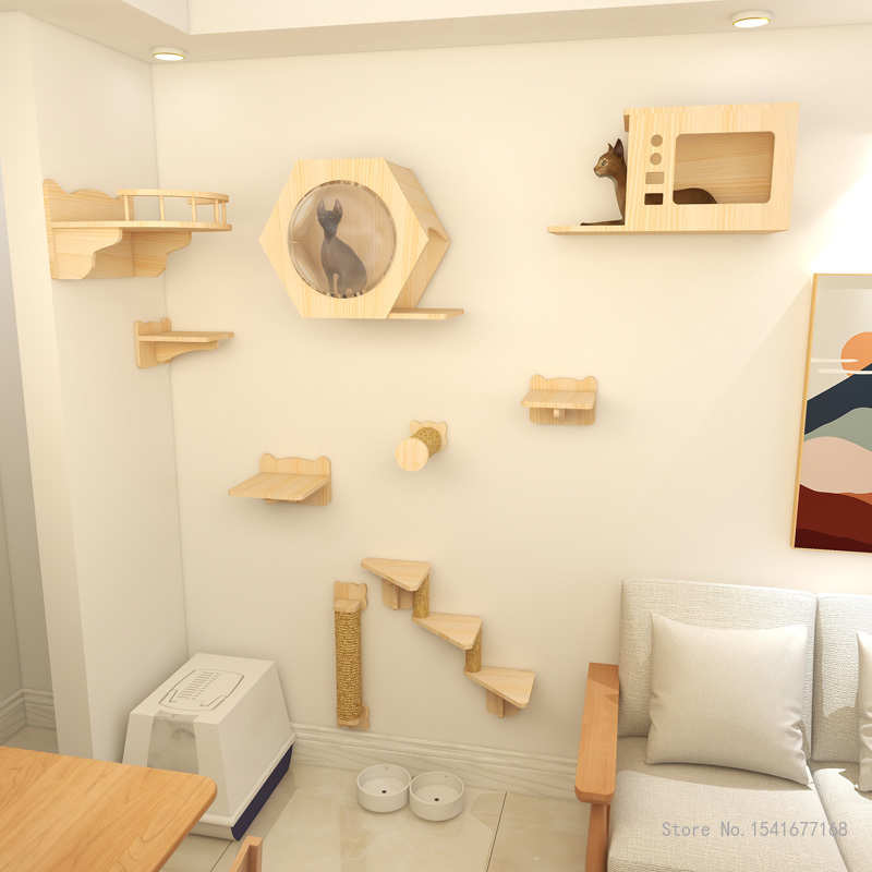 Amaca per gatti a parete letto mobili per animali domestici Set di mensole da parete per gattini gatto persico tiragraffi in legno Post da arrampicata Cat Tree House Toy
