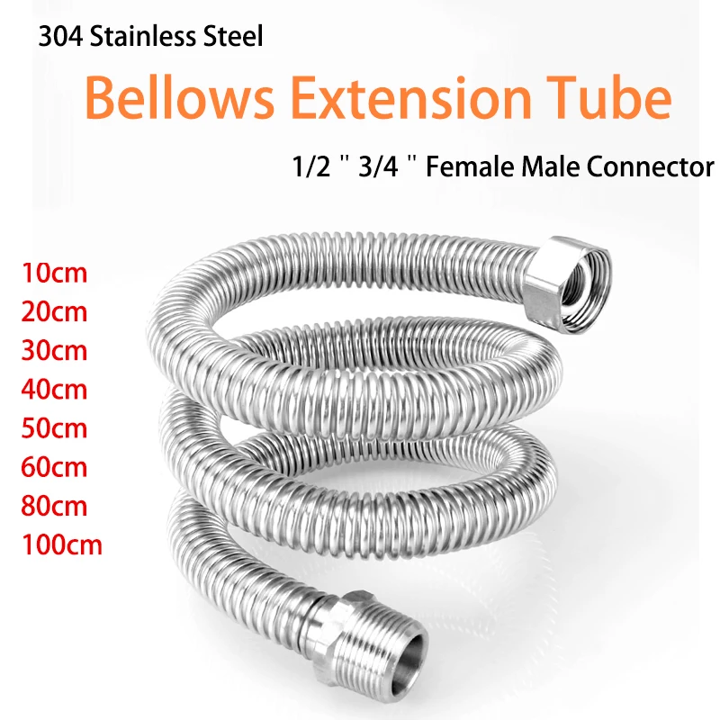 Shower Hose 10/20/30/40/50/60/80/100cm Bellows Extension Tube 1/2" 3/4" Male Female Connector 304 Stainless Steel Water Heater