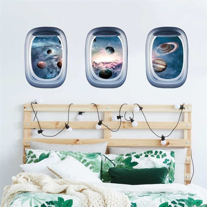 3D Spaceship Window Wall Stickers For Children's Room Bedroom Living Room Wall Decoration Door Sticker Art Mural
