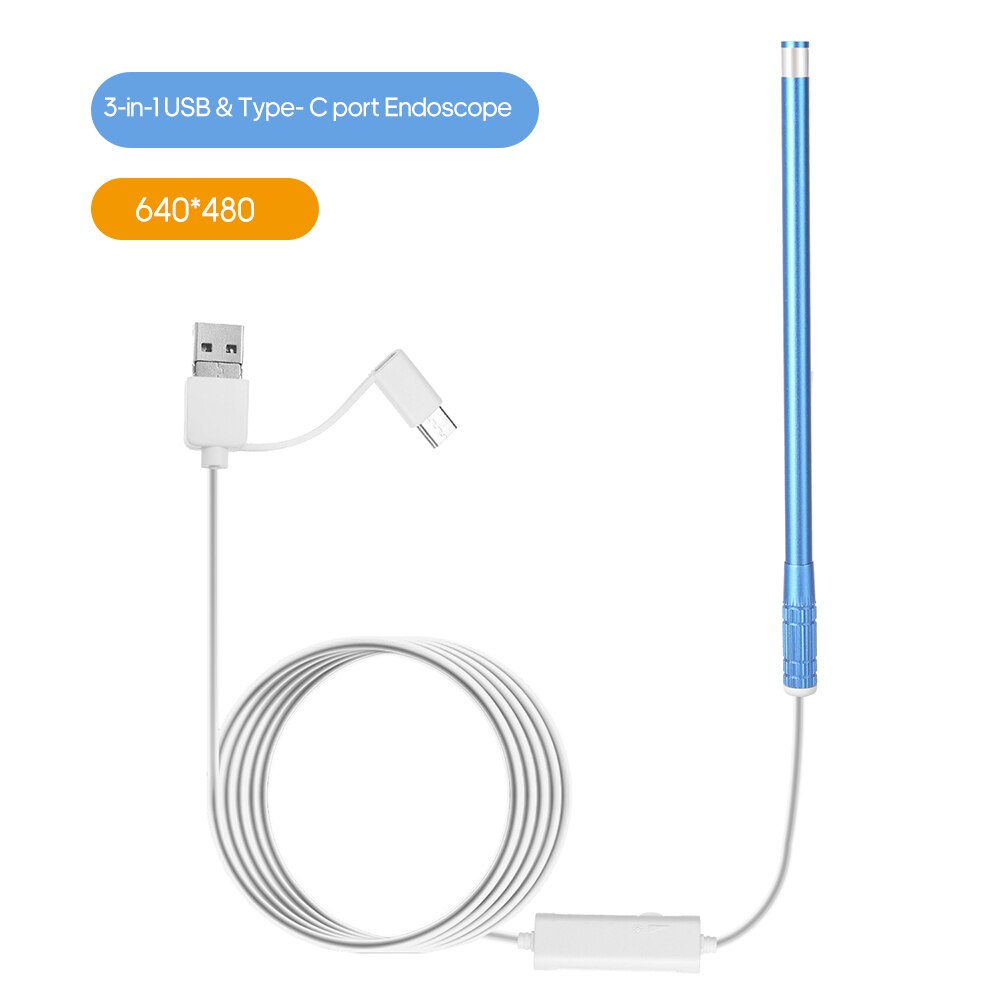 Caméra d'endoscope auriculaire, led réglables, lentille 5.5MM, résolution 640*480, IP67, résistance à l'eau, Otoscope d'inspection: Blue / 640