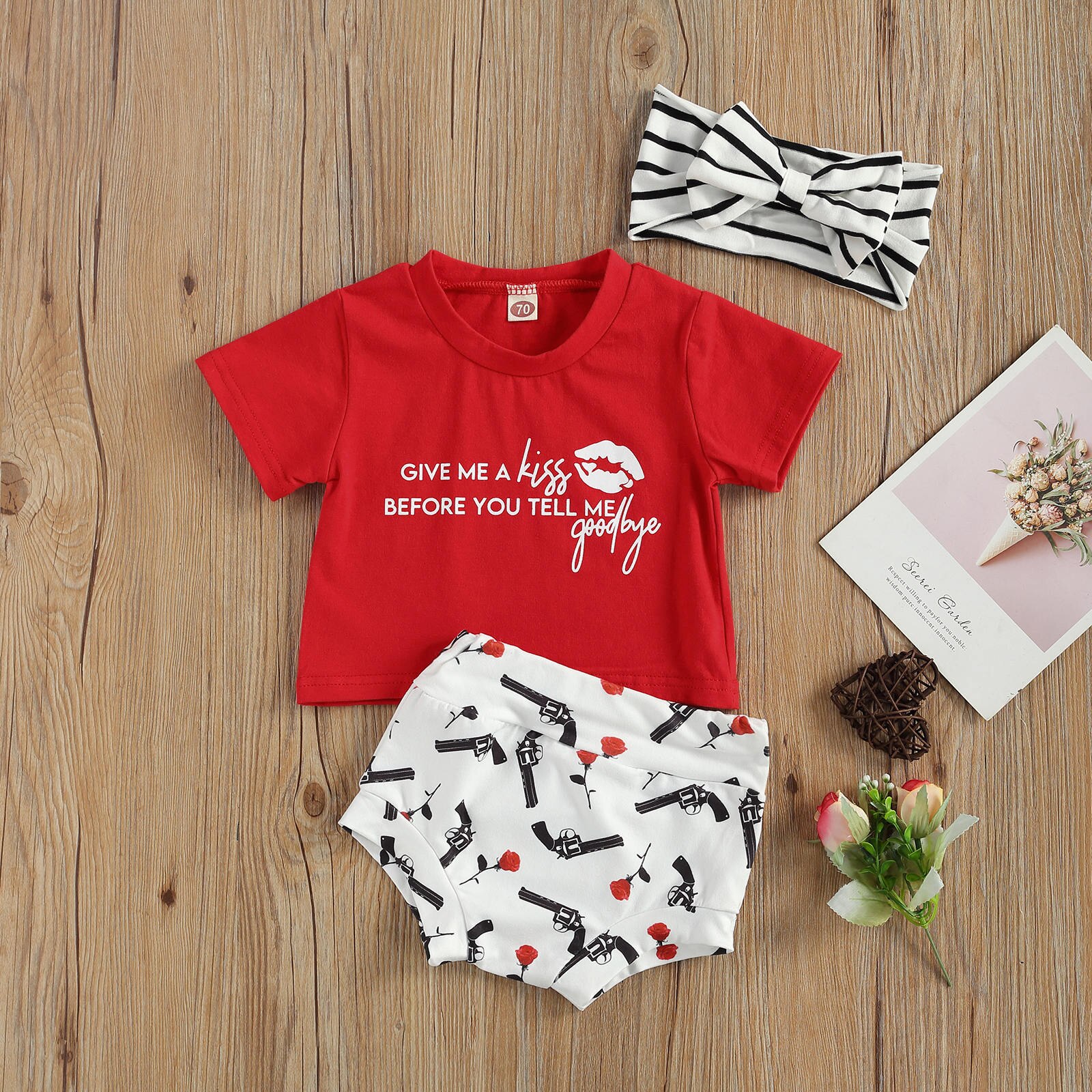 Ensemble de vêtements pour bébés filles et garçons, 3 pièces, pour la saint-valentin, motif en T à manches courtes/Short en peau de serpent