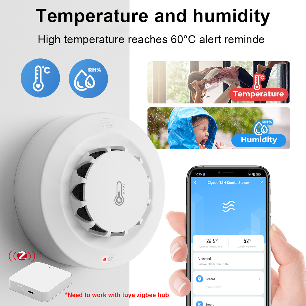 Tuya Zigbee BT détecteur de fumée à deux connexions dispositif de mesure de la température et de l'humidité 80dB alarme sonore fonction d'alerte à distance