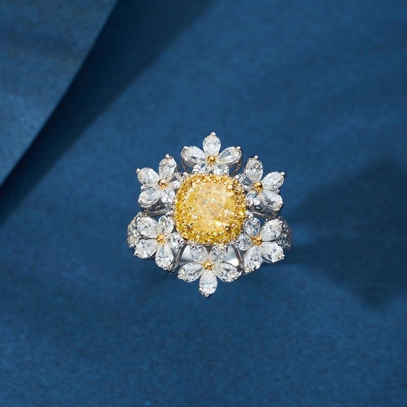 Trendy Jewelry Flower CZ Wedding Bridal Rings for Women Bling Yellow Crystal Promise Engagement Jewelry