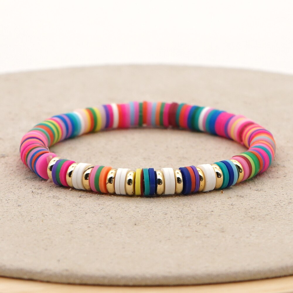 Go2Boho Bracelets Women Bracelet Polymer Clay Disc Heishi Beads Summer Beach Gold Color Beaded Jewelry