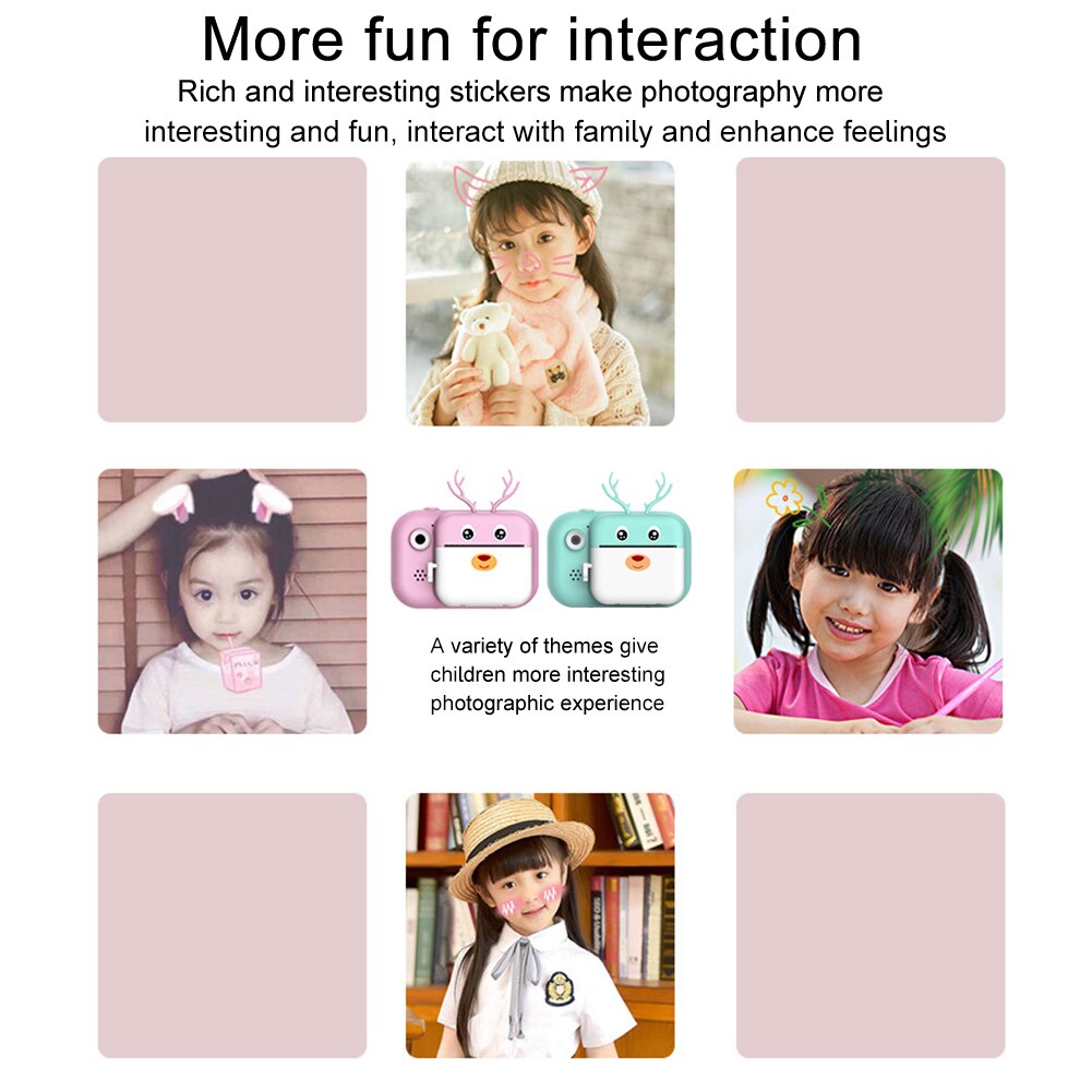 16G 2.4inch Screen Travel 1080P HD Video 24MP Instant Print Camera Selfie USB Rechargeable Cute Antler For Kids Zero Ink Digital