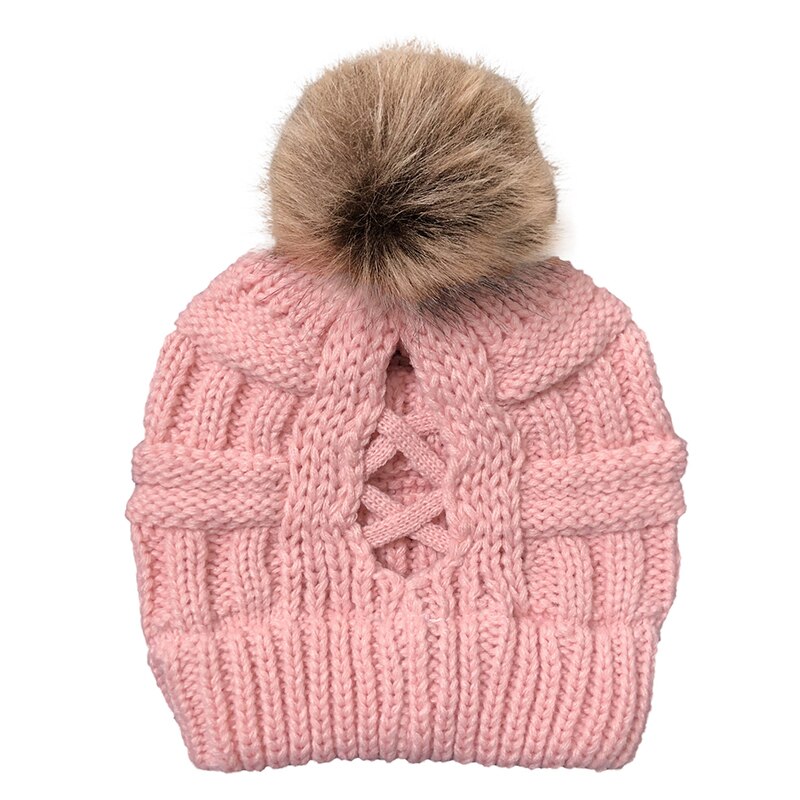 Dames wollen muts, muts met ronde kop, accessoires, gebreide muts, hoofddeksel, kruismuts, hoofddoek, haarbal, elastisch, winterwarm