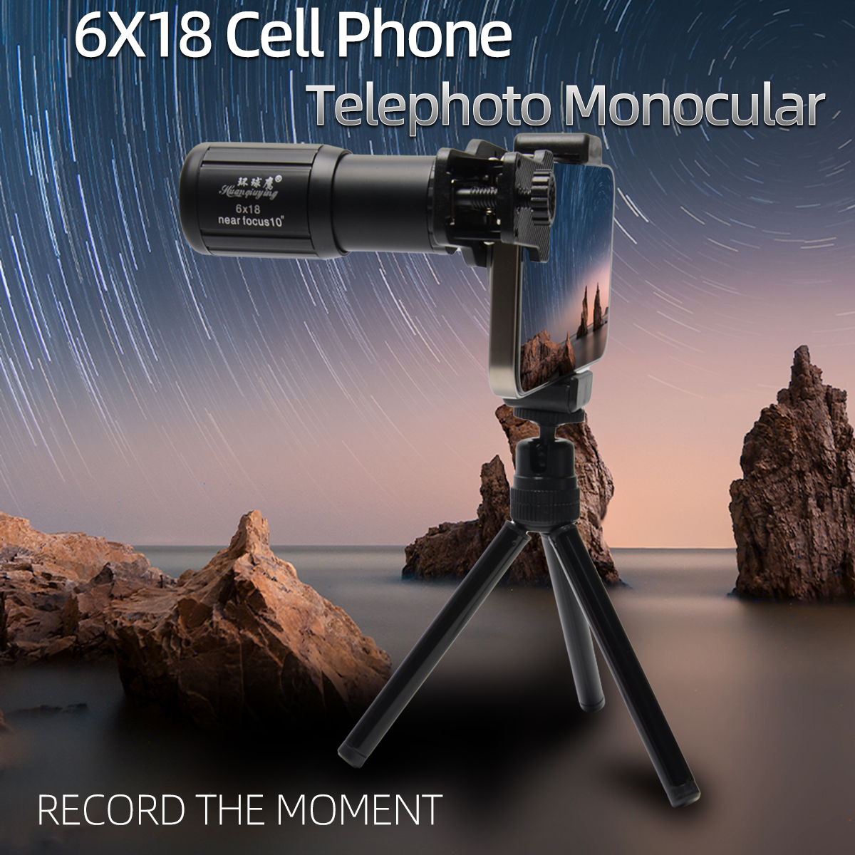HD 6X Telefonobjektiv Kamera Telezoom Monokular Teleskop Teleskopfokus Kompaktes Min-Objektiv + SelfieTripod für alle Smartphones