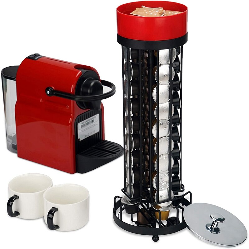Coffee Capsule Pod Rack Holder Carousel with Sugar Box Holds 40 for Nespresso Line Capsules, Spin 360 Degree
