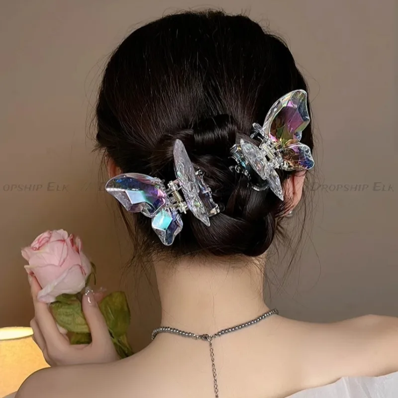 Pinza para el pelo de sirena y mariposa de cristal para niña, pinza para la cabeza trasera, pinzas para el pelo grandes transparentes, horquillas, tocado, accesorios para el cabello