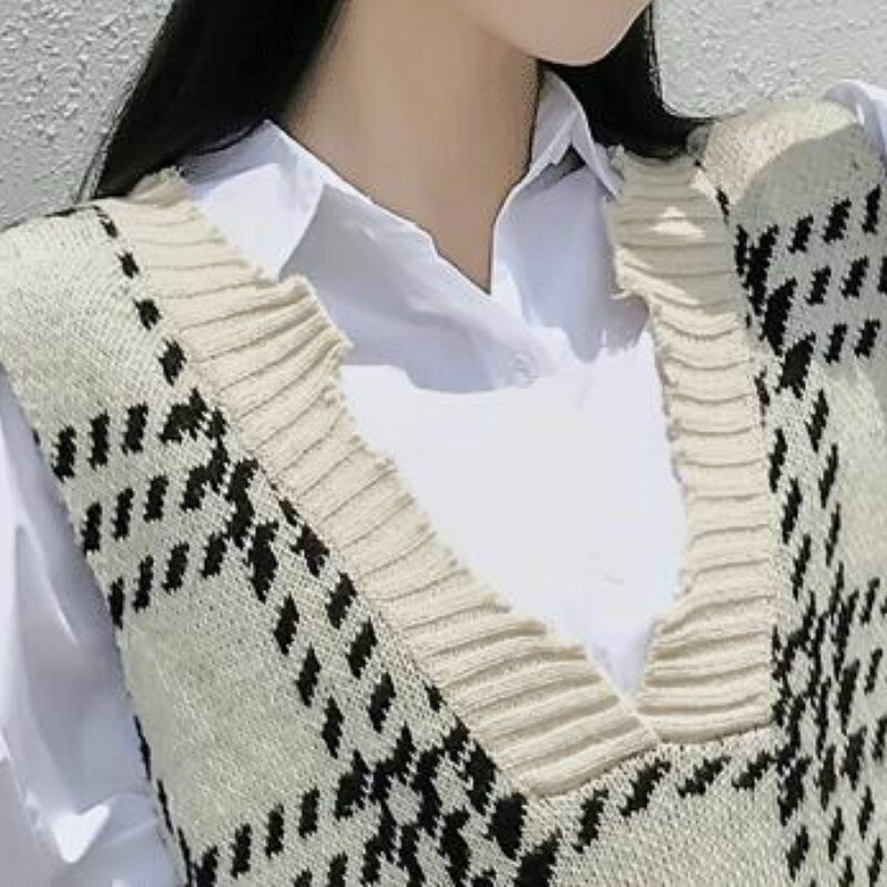 Rutig stickad tröja väst kvinnor retro enkel matchande koreansk lös casual snygg v-ringad kvinnlig oregelbunden street-wear harajuku
