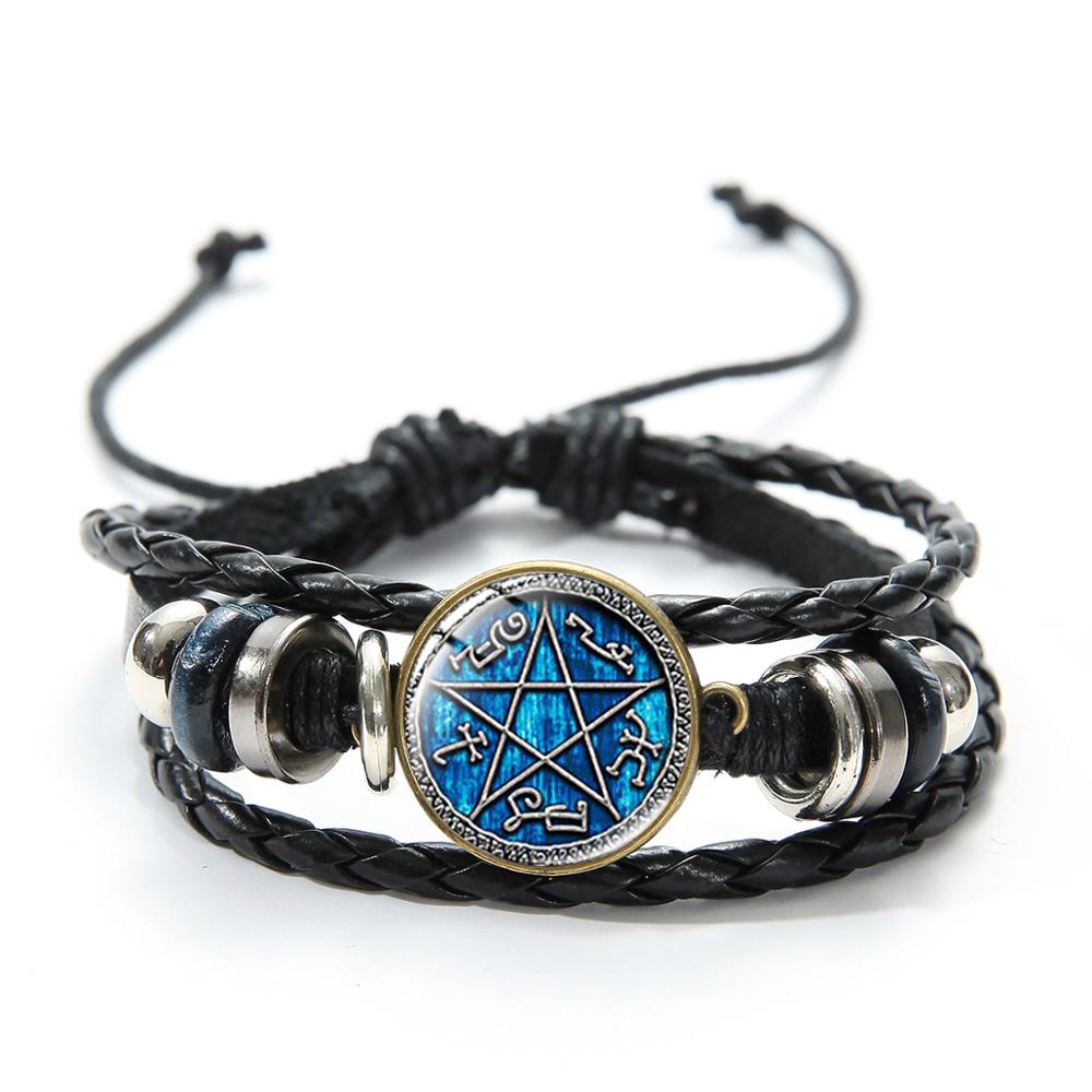 SIAN Supernatural Dean Leather Bracelet Popular TV Supernatural Sam Pentagram Sign Glass Time Gem Adjustable Beaded Bracelet: Style 1