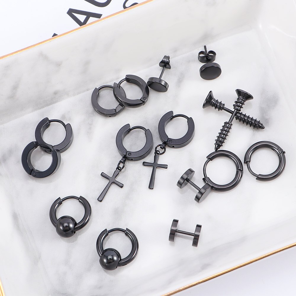 8 pares Punk pendientes Hip Hop Rock negro de acero de titanio Stud pendientes Acero inoxidable pendientes de pesas de la joyería para las mujeres de los hombres