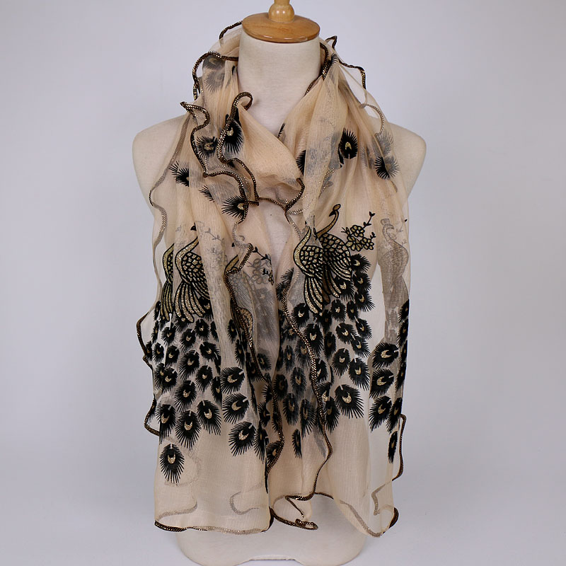 Peacock Flower Print Scarf Shawl Wrap Women Multi-Color Pashmina Scarf Soft Veil Stoles Scarves Popular Neckscarf Hijabs: Beige