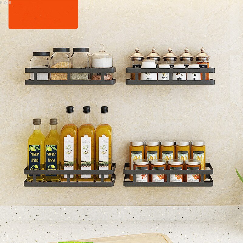 Black Stainless Steel Kitchen Condiment Rack Wall Hanging Punch-free Bathroom Shelf Household Multi-function Storage Rack