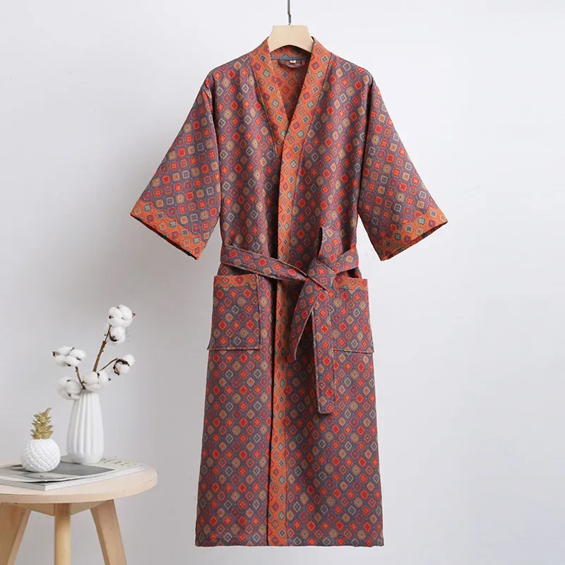 Albornoz de gasa de doble capa de algodón puro para primavera/verano, tela fina teñida, ropa de hogar para parejas, bata tipo kimono de estilo japonés, pijama: M / Beige
