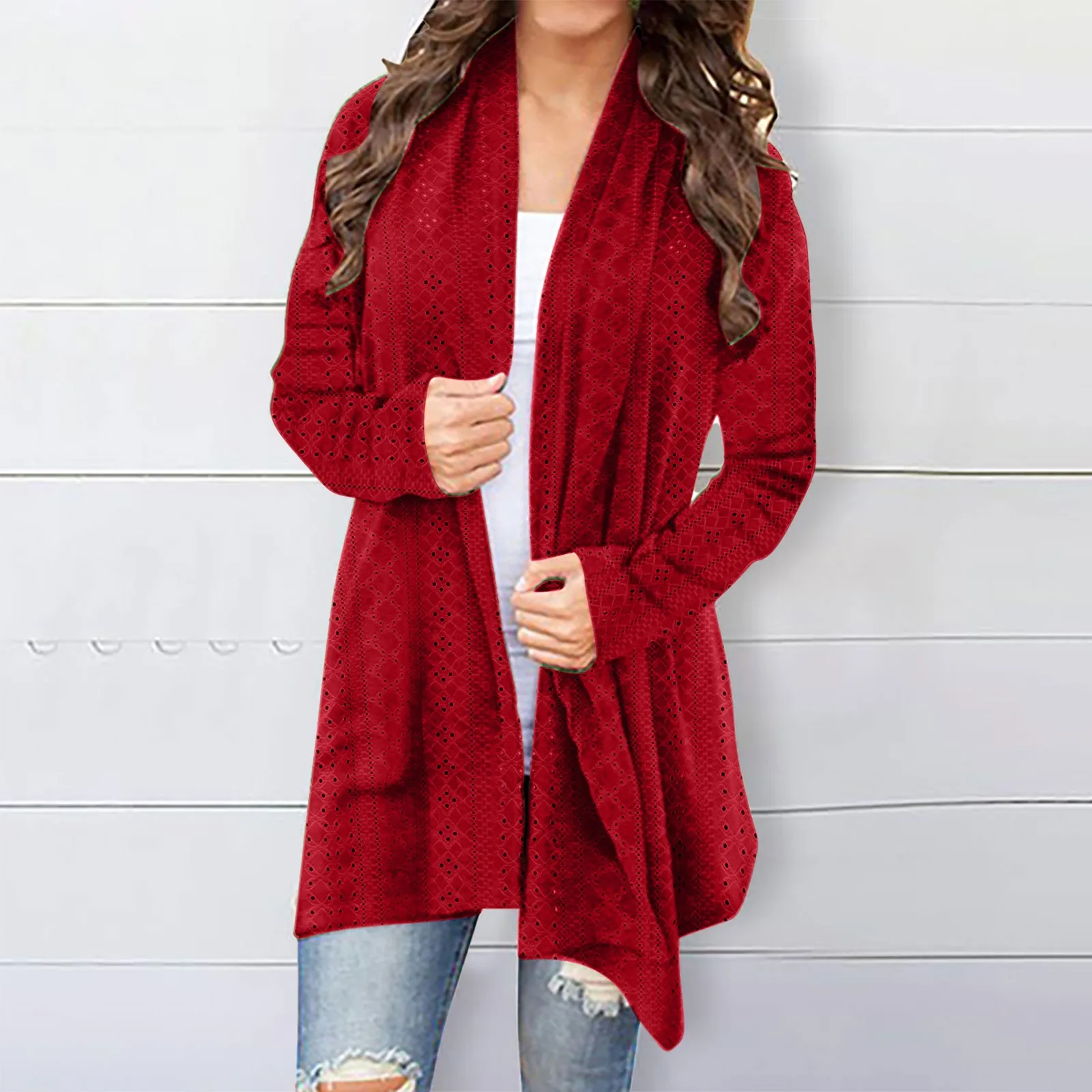 Women's Cardigan Sweater Fall Open Front Knit Oversized Cardigans Duster Coats with Pockets Warm Casual Simple Cardigan: M / Red