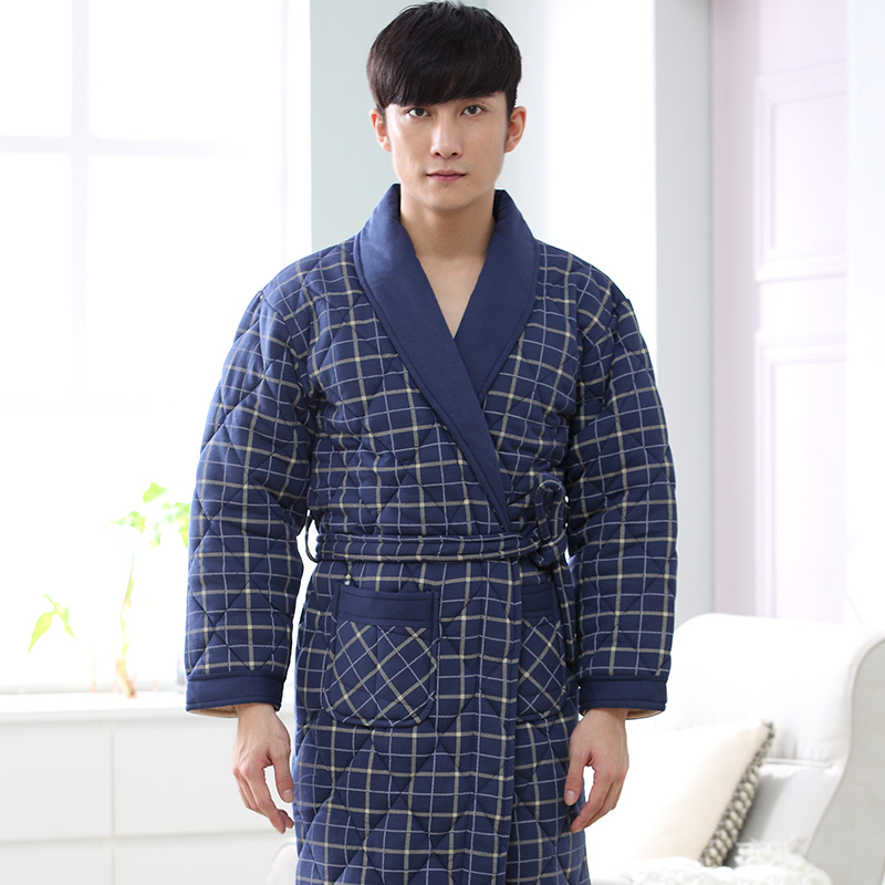 Winter Autumn Plaid 3 Layers Thick Cotton Quilted Men&#39;s Bath Robes Gentlemen&#39;s Homewear Big Yards L-3XL Male Sleepwear Lounges