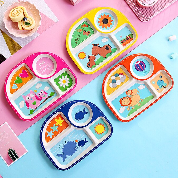Bamboo Kids Dinnerware Set,Food Plate Bowl Cup Spoon Fork Dishware,Cartoon Tableware,Healthy Mealtime,Dishwasher Safe,BPA Free