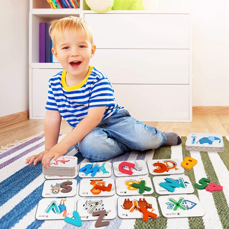 Houten Alfabet Nummers Flash Kaarten Set Voor Peuters Animal Puzzels Kaarten Onderwijs Speelgoed Cadeau Voor Kinderen