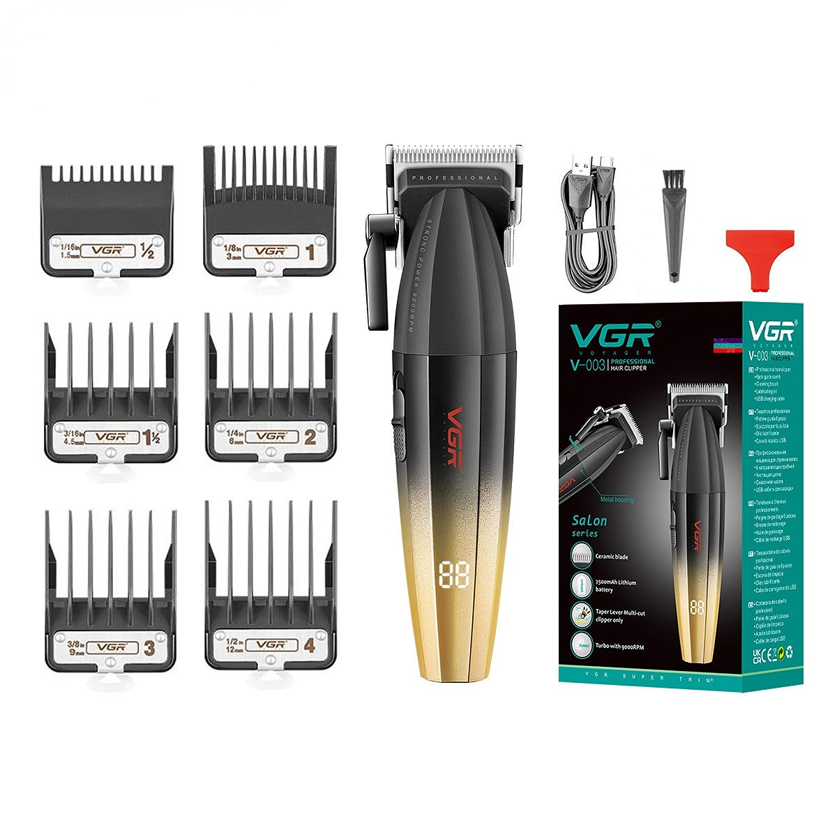 VGR Schaar Professioneel Haar trimmer 9000 tpm Kapper Haarsnijmachine Digitale weergave Kapsel Tondeuse voor mannen V-003: Goud