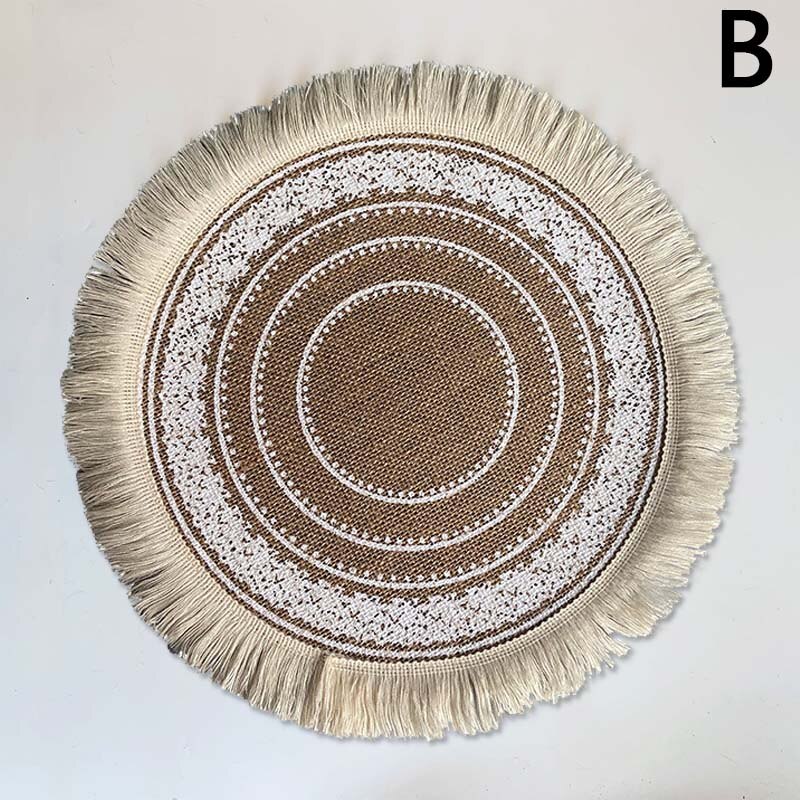 Prachtige Geweven Jute Katoen Tafel Mat Bohemian Stijl Afdrukken Placemat Ronde Voedsel Pad Dining Servies Coaster Keuken Decor: B