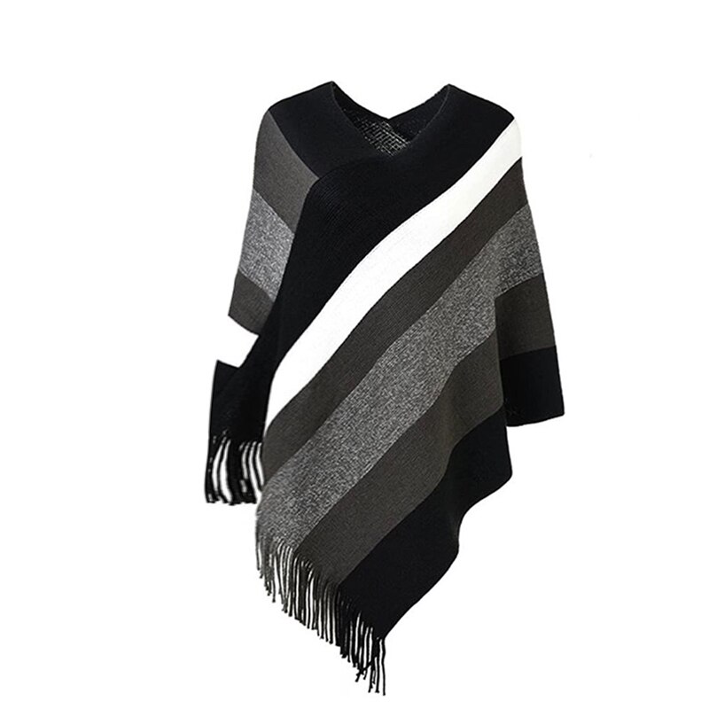 Damen Poncho Strick Cape - Graziles Häkelmuster Mit Quasten Gr. 36-43