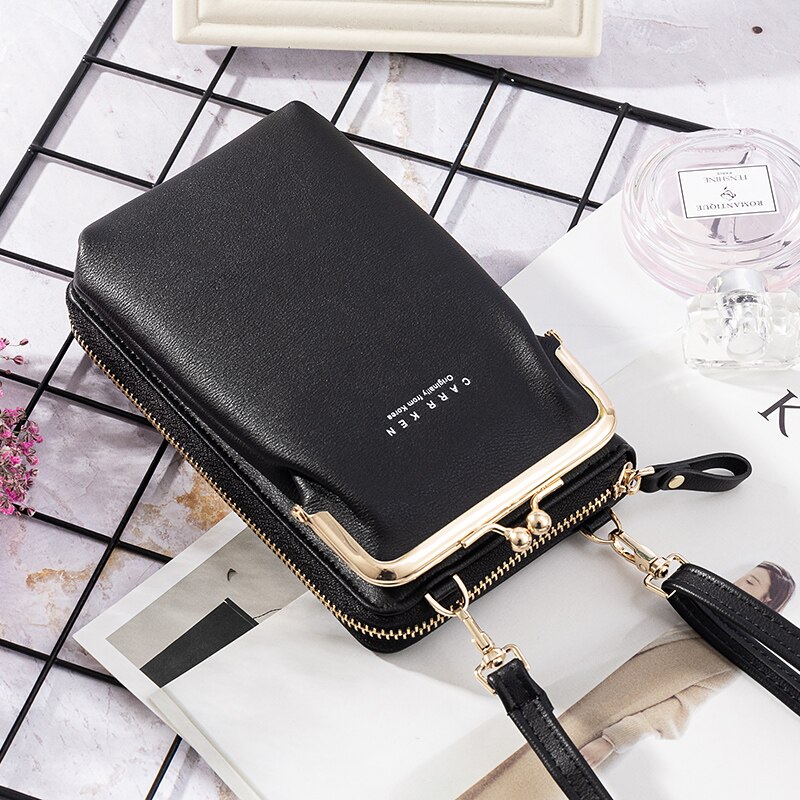 Women's Wallet Double-Layer Mobile Phone Bag Korean Ladies Messenger Shoulder Ultra Soft Multi Card Sto: Black