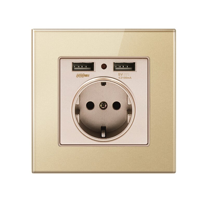 EU Standard Electrical Socket with USB Ports 16A Wall Charger Adapter Power Outlet 86*86mm Room Sockets PC/Glass Panel Optional: Gold / PC-Panel