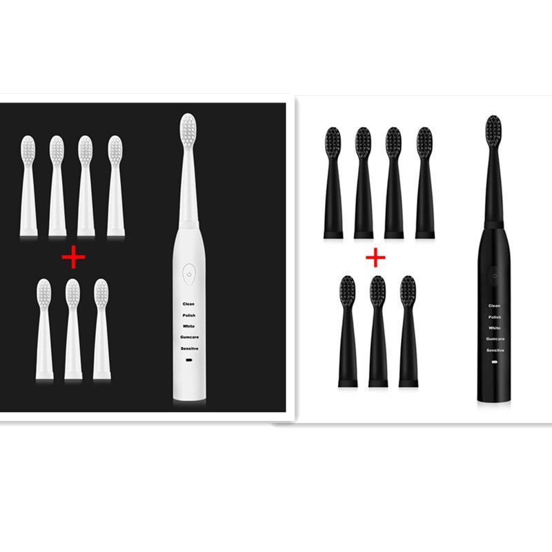 Ultra Schall- Schall- Elektrische Zahnbürste Wiederaufladbare Zahn Pinsel Waschbar Elektronische Bleichen Zähne Pinsel Erwachsene Timer Zahnbürste: Schwarz Weiß 16Kopf