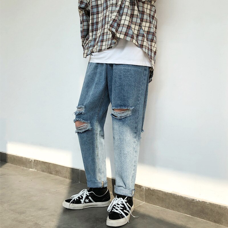 Jean déchiré hommes lavé couleur unie décontracté Jean droit pantalon hommes Streetwear sauvage lâche Hip Hop Denim pantalon hommes