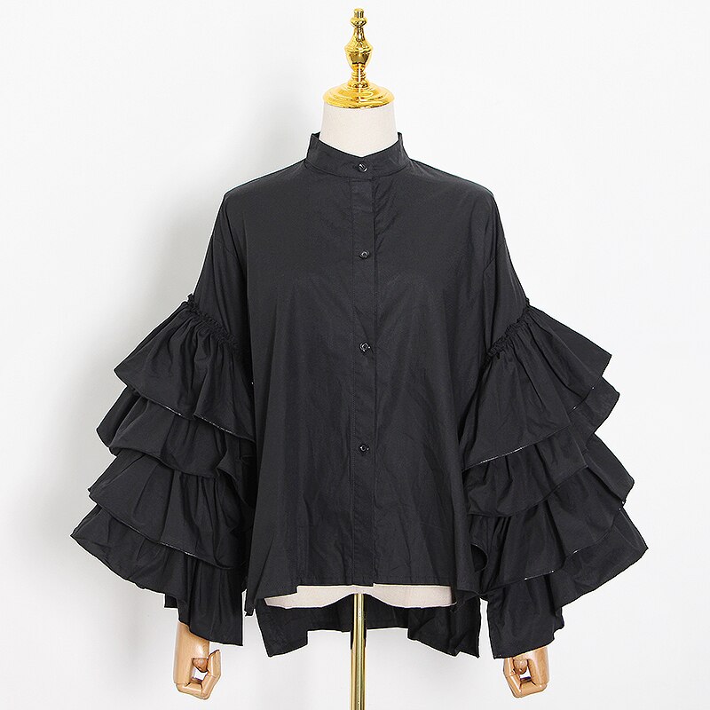 TWOTWINSTYLE Casual Patchwork Ruffles Women Shirt Stand Collar Lantern Long Sleeve Loose Blouse For Female Clothing Spring: black / M