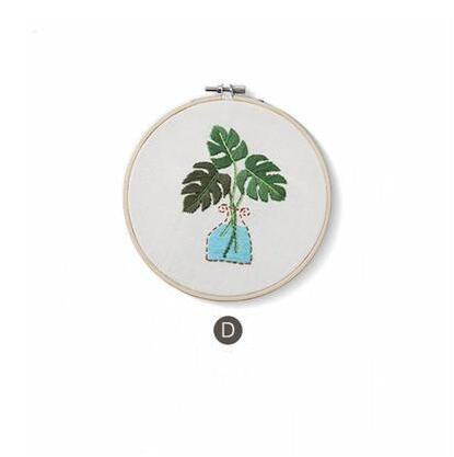 1 Juego de bordado de plantas verde con Marco, kit de costura Manual DIY para principiantes, Serie de punto de cruz, manualidades decoración de costura: D
