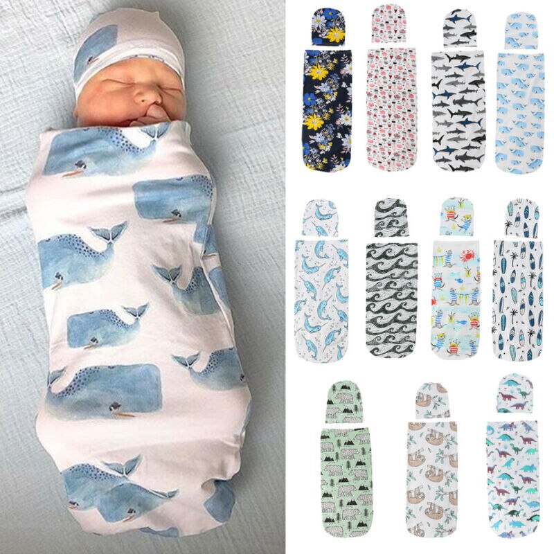 2 Stuks Pasgeboren Baby Meisje Jongen Inbakeren Wrap Deken Slaapzak + Hoed Outfits Set Meisjes Jongens Warm Inbakeren Slapen mousseline 0-12M