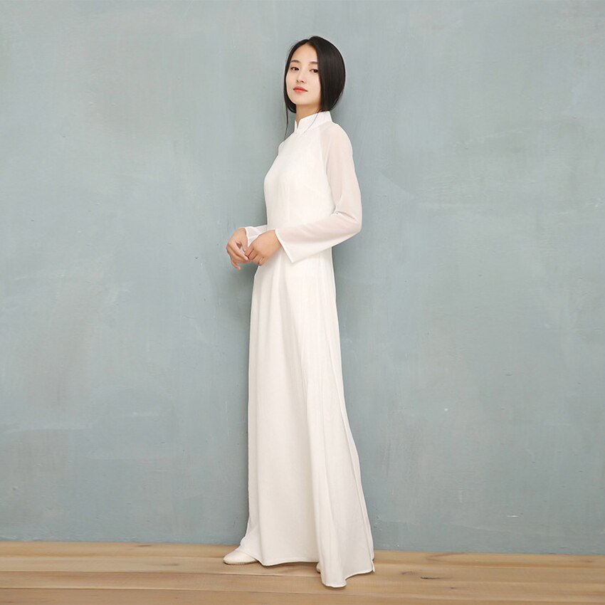 Vestido blanco liso de gasa para mujer, Cheongsams chinos de manga larga, estilo Oriental, 2022: XXL