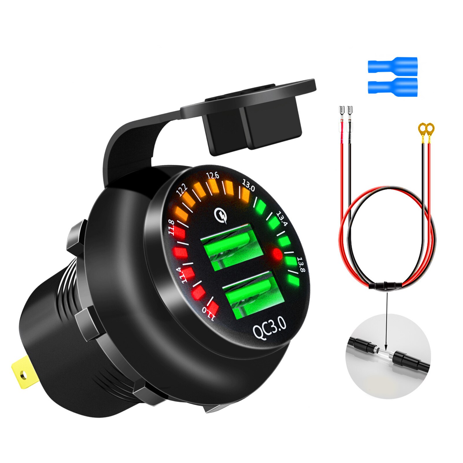 Adapter mit voltmeter, zwei usb-anschlüssen, schwarz, mehrfachschutz, schnellladefunktion für fahrzeug, mobiltelefon, boot, smartphones, tablets und autoladegerät