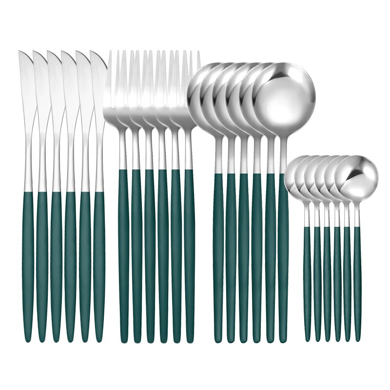 Green Gold 24 Piece Cutlery Cutlery Set Non-fading Cutlery Set Stainless Steel Cutlery Dinner Kitchen Household Knives: 24Pcs Green Silver