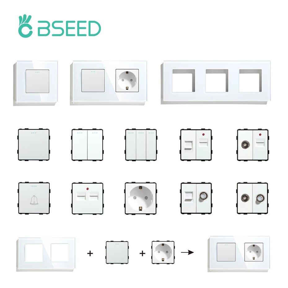 BSEED Wall Light Switches Parts White Glass Frames USB Sockets Function Module DIY EU CAT5 TV Sockets Power ST TEL Outlet Parts