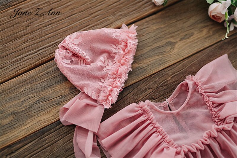 Jane Z Ann été Lotus élastique rose robe avec chapeau bébé gilr photos tir vêtements -né/1 an photographie accessoires