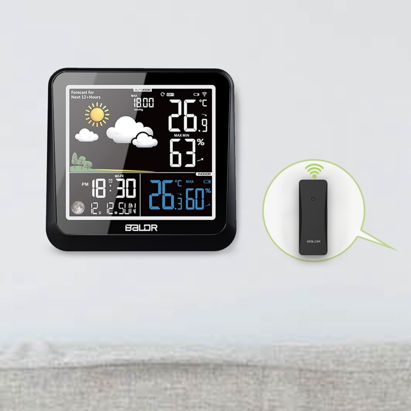 Baldr farvedisplay vejrstation med månefase lysdæmper i / udendørs termometer hygrometer udsættelse alarm alarm fjernbetjening sensor