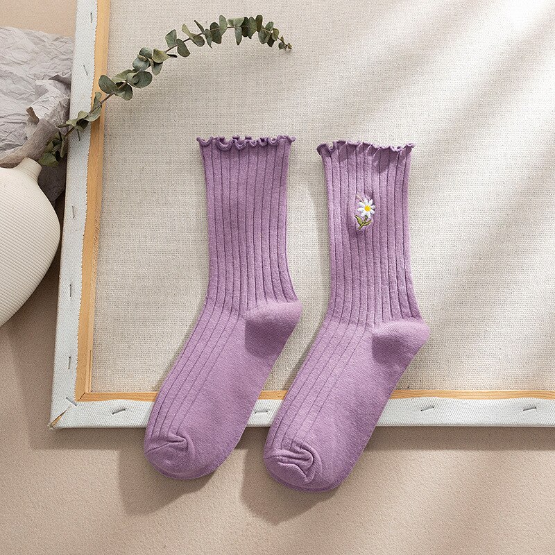 CHAOZHU Summer Spring Thin Loose Socks Daisy 8 Colors Long Women Sox Sweet Cute Cotton Knitting Rib Korea Japanese: purple